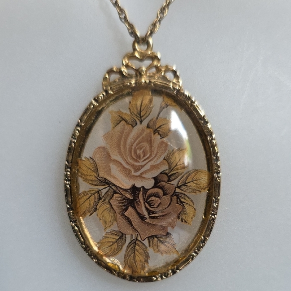 1928 Jewelry - 1928 Victorian Revival Transparent Roses Floral Pendant Necklace
